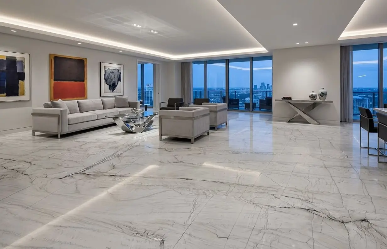 Minimalist living space featuring polished Zermatt quartzite for floors