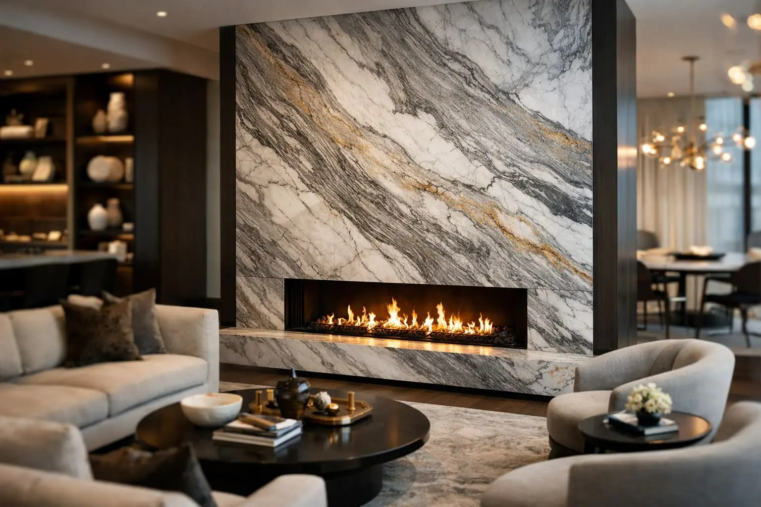 Zermatt quartzite feature wall with white base and gray and gold veining surrounding a modern linear fireplace in a luxury living room.