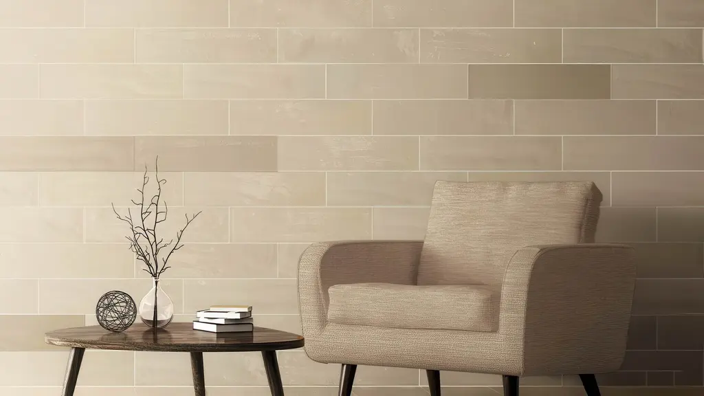 Neutral interior with a beige subway tile backsplash wall