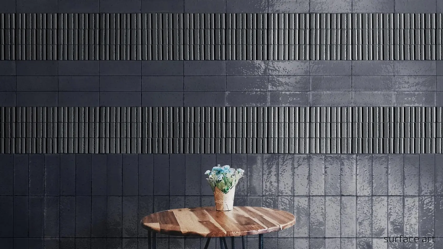 Bristol Subway Tile feature wall with glossy dark blue rectangular tiles