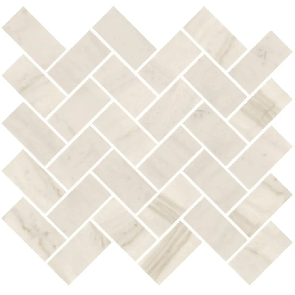 Alaska 1.5x3 marble look mosaic tile in a light ivory herringbone patter