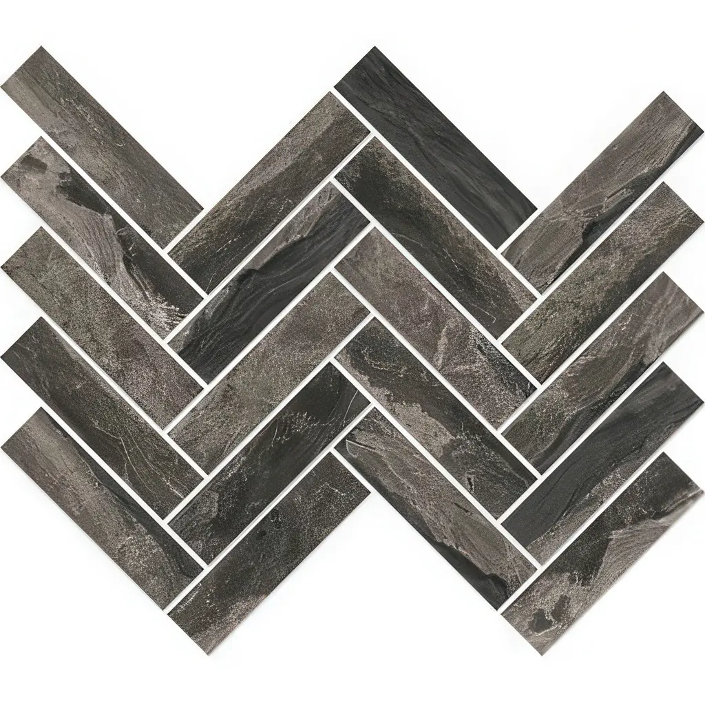 Dark gray marble look  tile in herringbone pattern