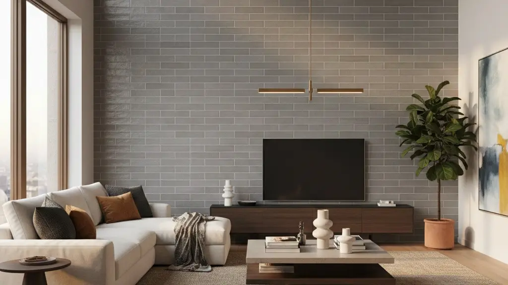 magine 3x12 Matte Porcelain Subway Tile on a warm grey living room