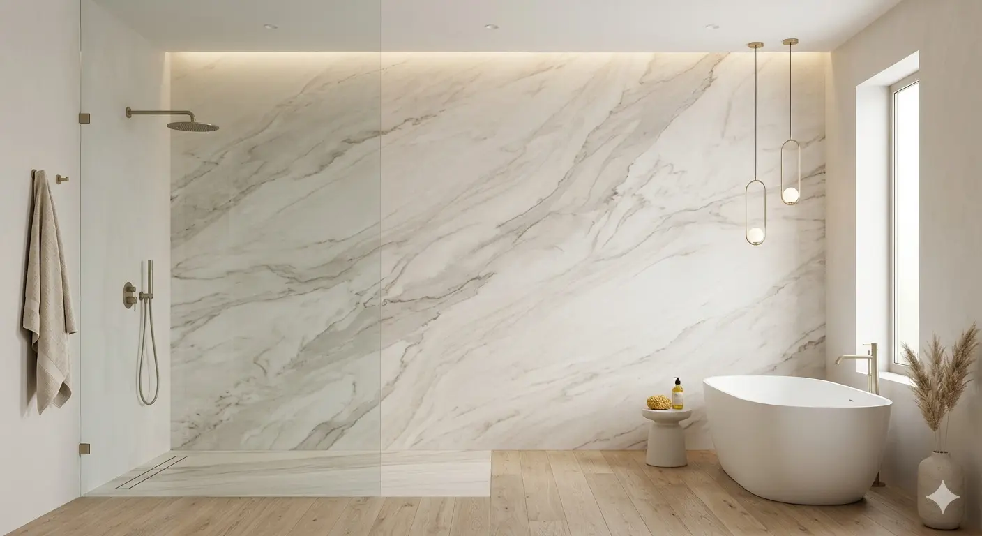 Zermatt Quartzite Accent Wall installed as full-height bathroom feature wall with honed finish