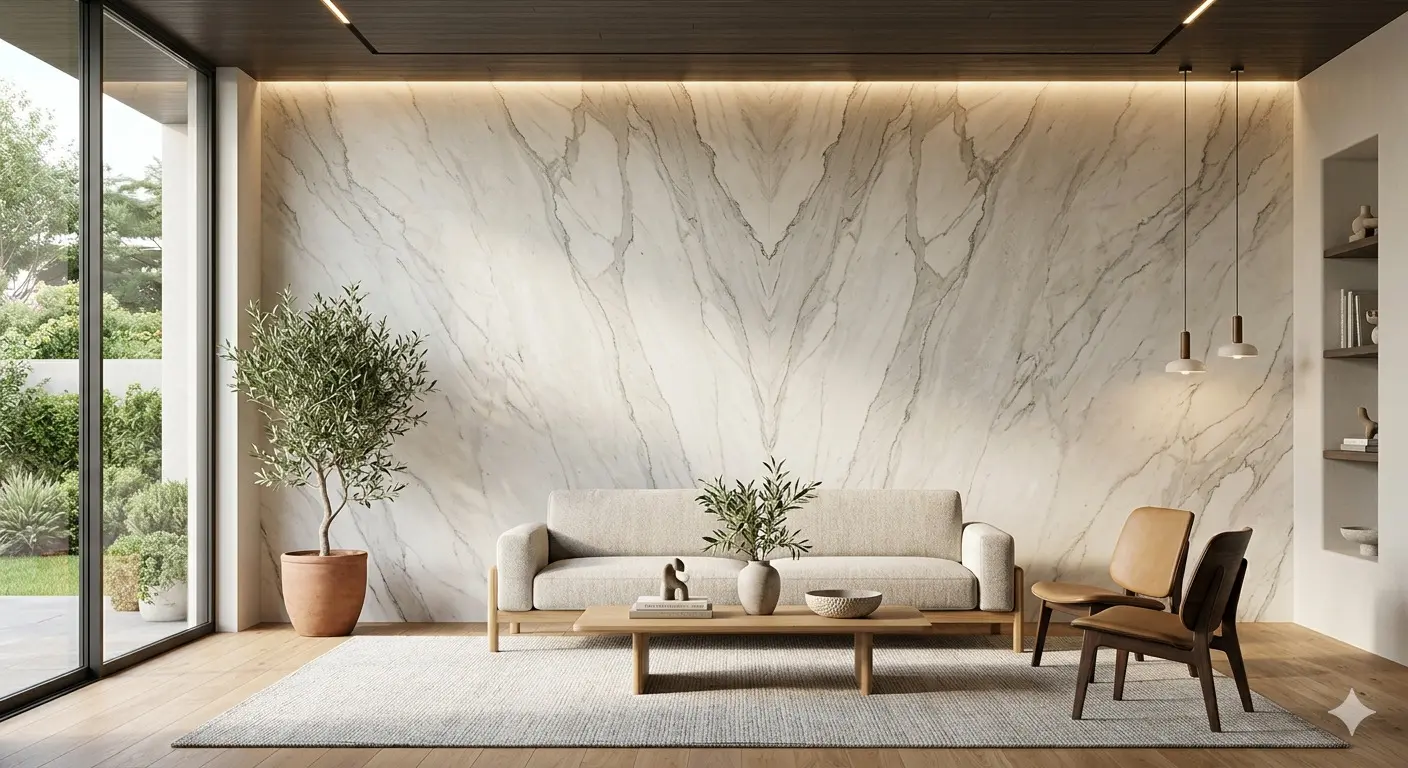 Zermatt Quartzite Accent Wall full-height slab in modern living room with natural veining