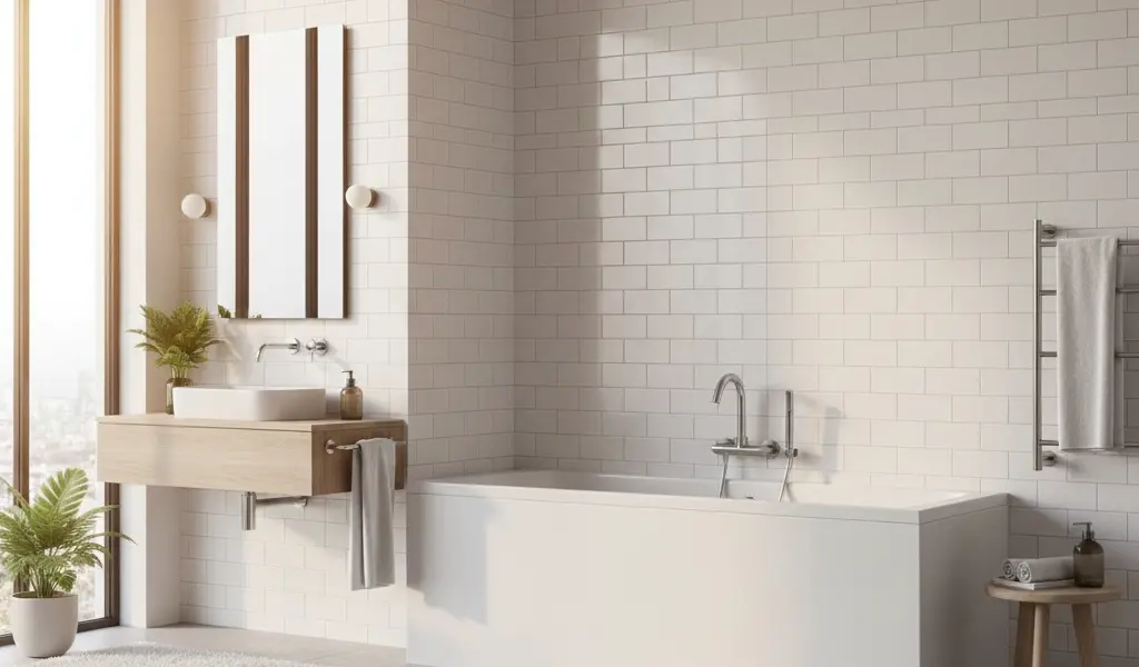 Modern bathroom with white subway tile walls