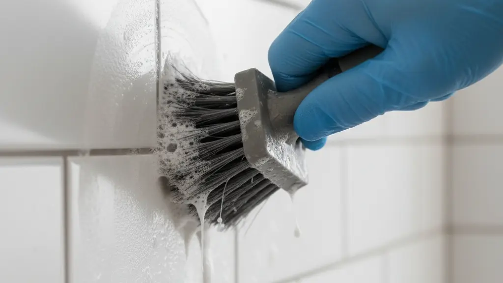scrubbing white subway tile grout with a cleaning brush and soapy water
