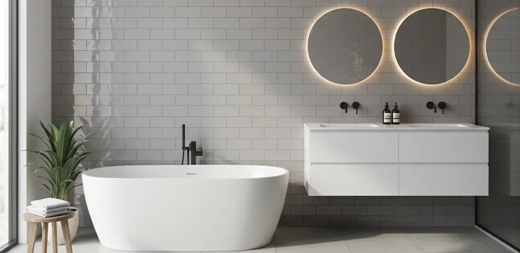 Modern bathroom with light gray subway tile wall