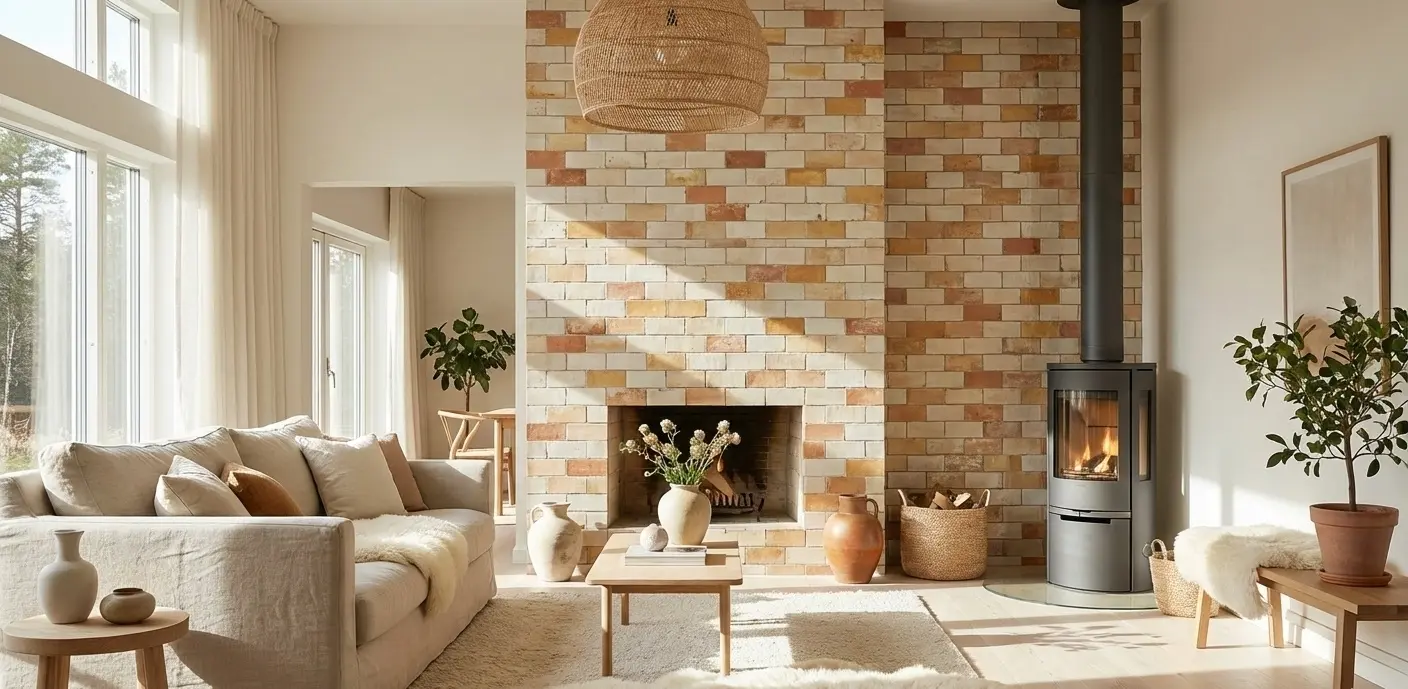 Sunlit living room with mixed-tone subway tile fireplace wall