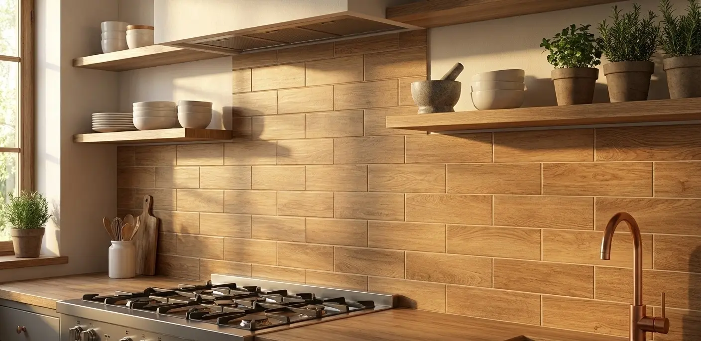 Warm kitchen with wood-look subway tile backsplash