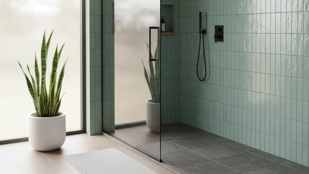 Modern walk-in shower with pale green vertical tile walls