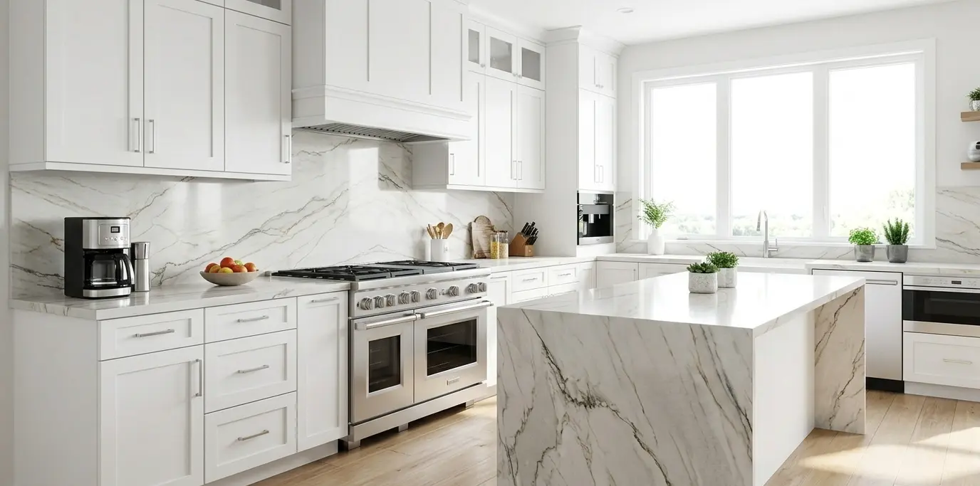 Zermatt Quartzite backsplash in polished finish