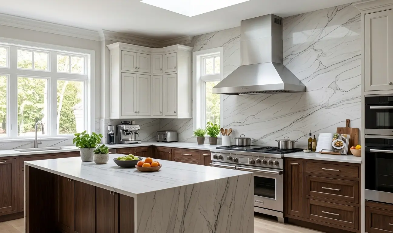 Honed Zermatt Quartzite natural stone slab used as a luxury kitchen backsplash