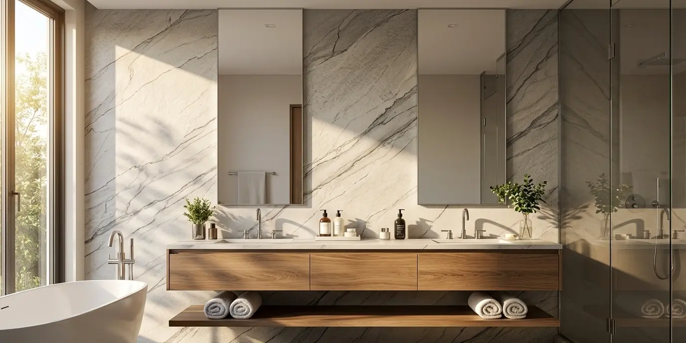 Leathered Zermatt Quartzite slab backsplash with continuous veining