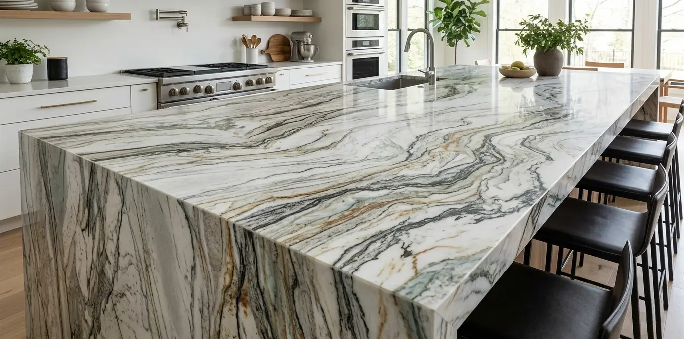 Close-up of Zermatt Quartzite slab showing uncommon multi-tonal flowing vein pattern