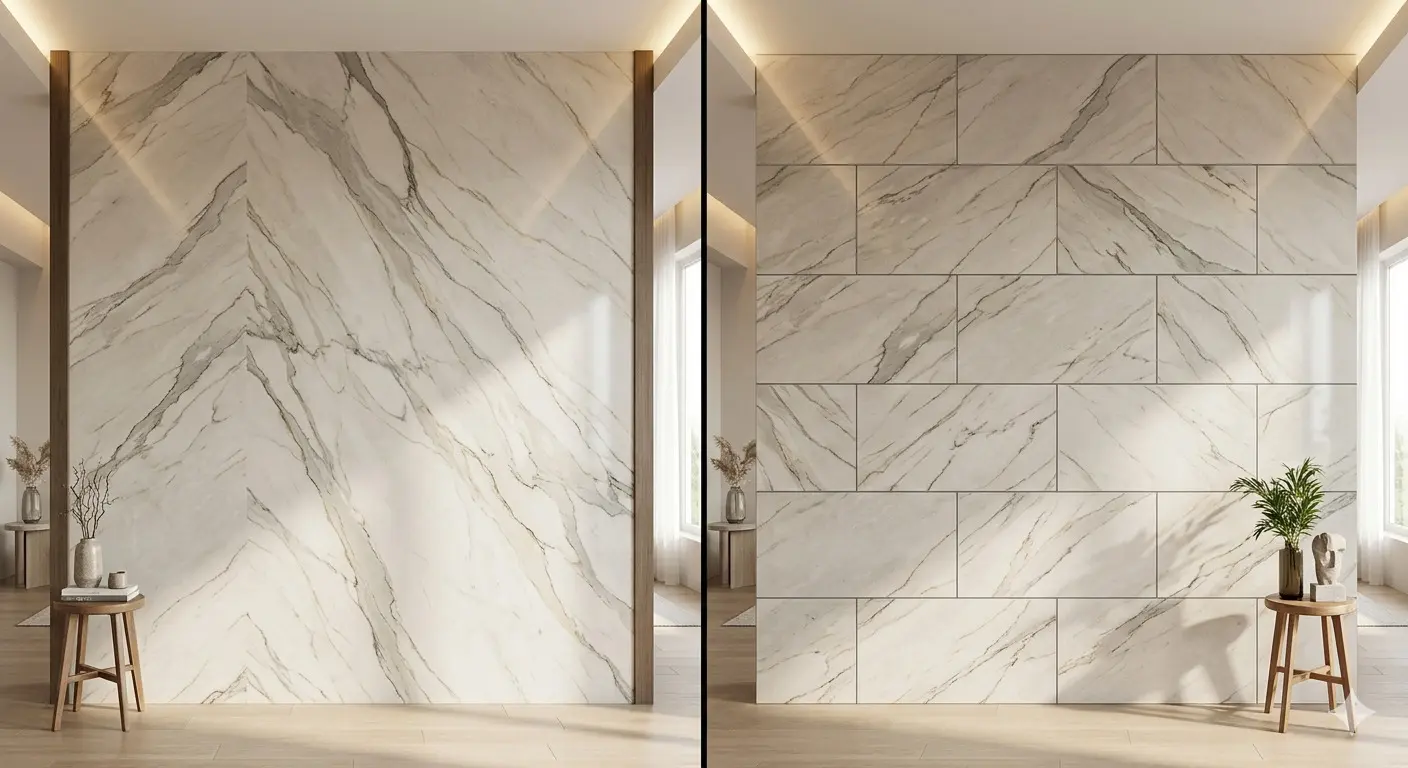 Zermatt Quartzite For Walls seamless slab surface compared to tiled wall with visible grout lines