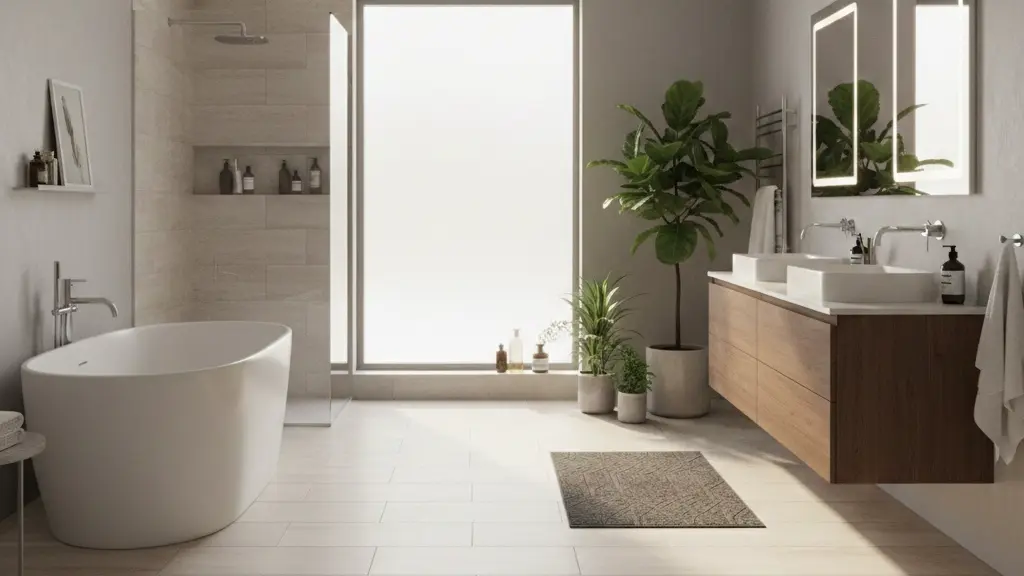 Bright modern bathroom with freestanding tub, light subway tile shower wall