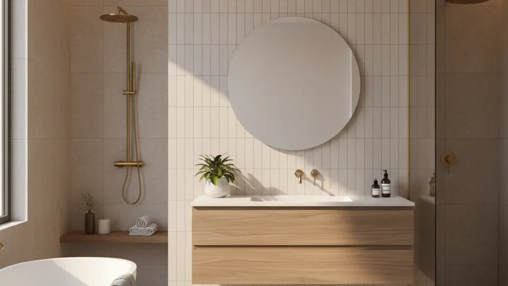 Modern bathroom vanity with vertical white subway tile wall