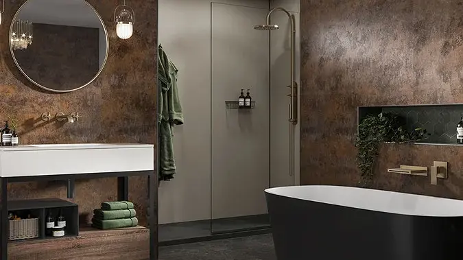 Modern bathroom with brown subway tile walls