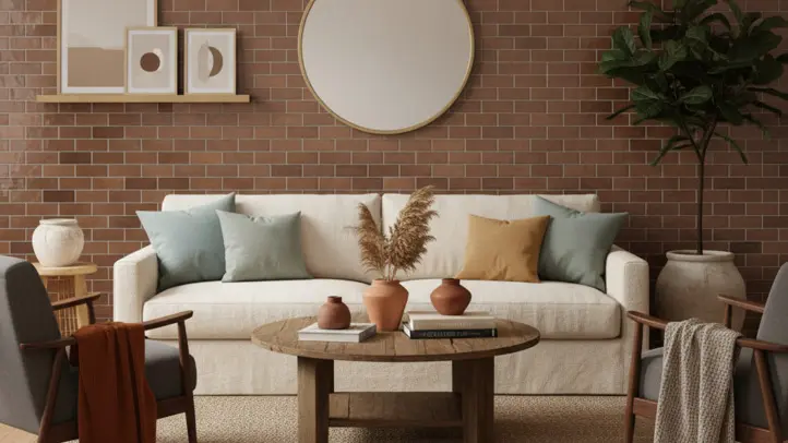 Living room with brown subway tile accent wall