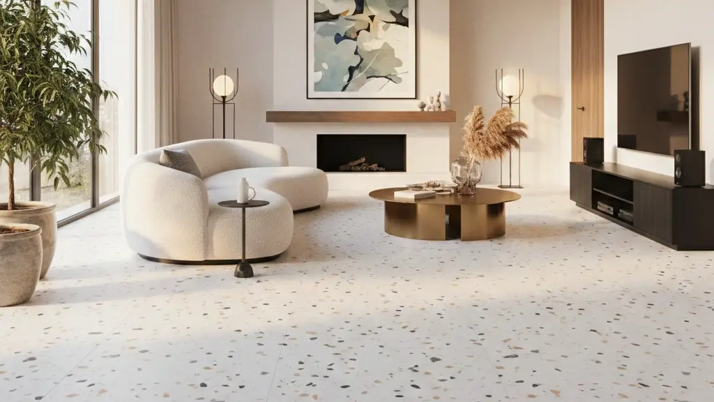 Modern living room with speckled terrazzo-style floor