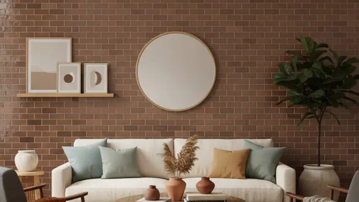 "Living room with brown subway tile accent wall