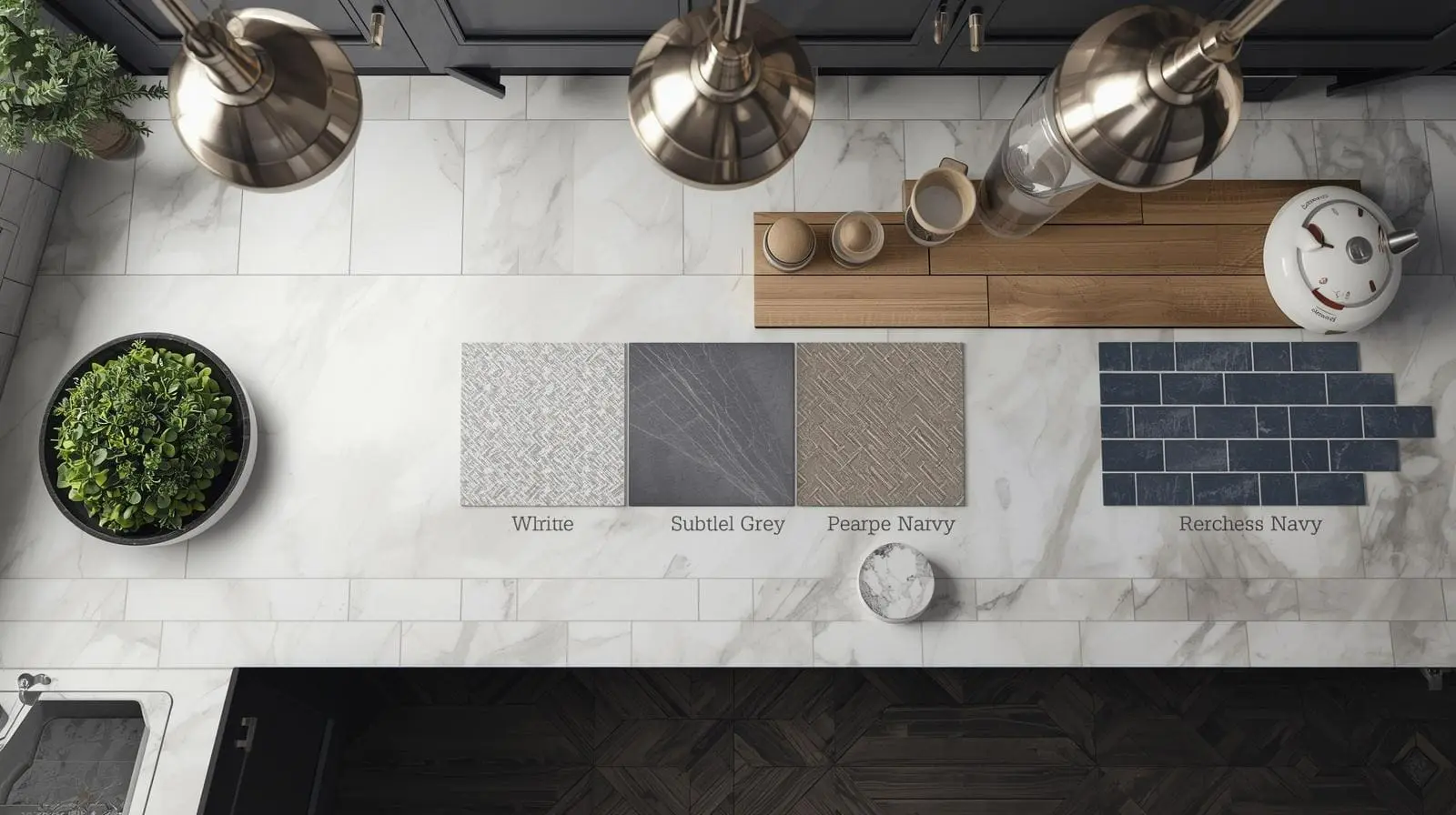 Overhead view of a kitchen countertop with subway tile samples