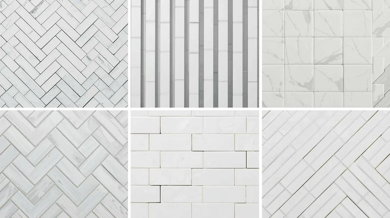 Grid of white tile layout patterns featuring subway tile, herringbone, vertical stack, and square designs