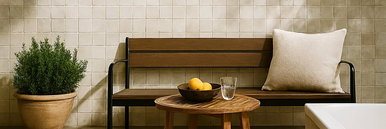 Patio seating area with square beige subway tile wall