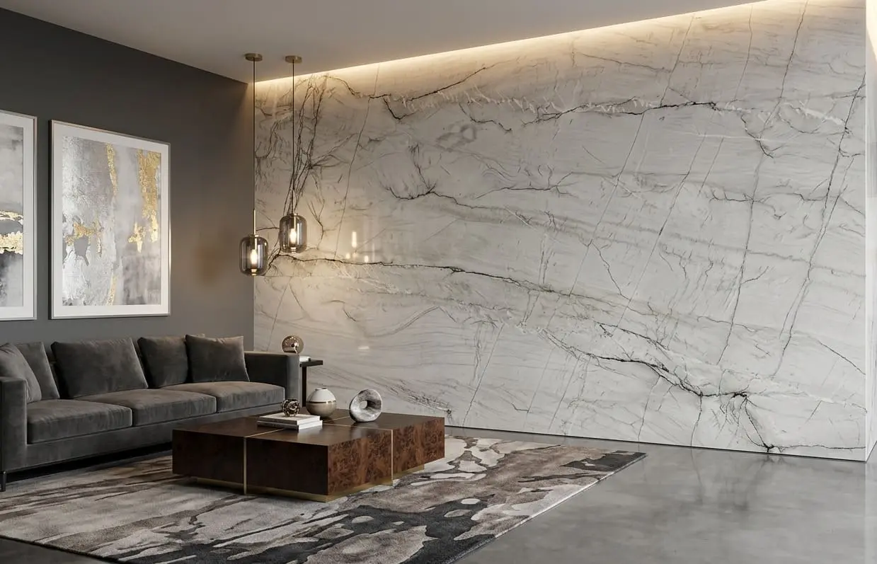 Modern living room featuring a Zermatt quartzite wall