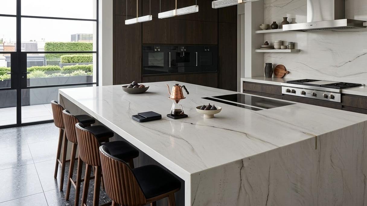 Mont Blanc quartzite kitchen island with sweeping gray veining and dark wood cabinets