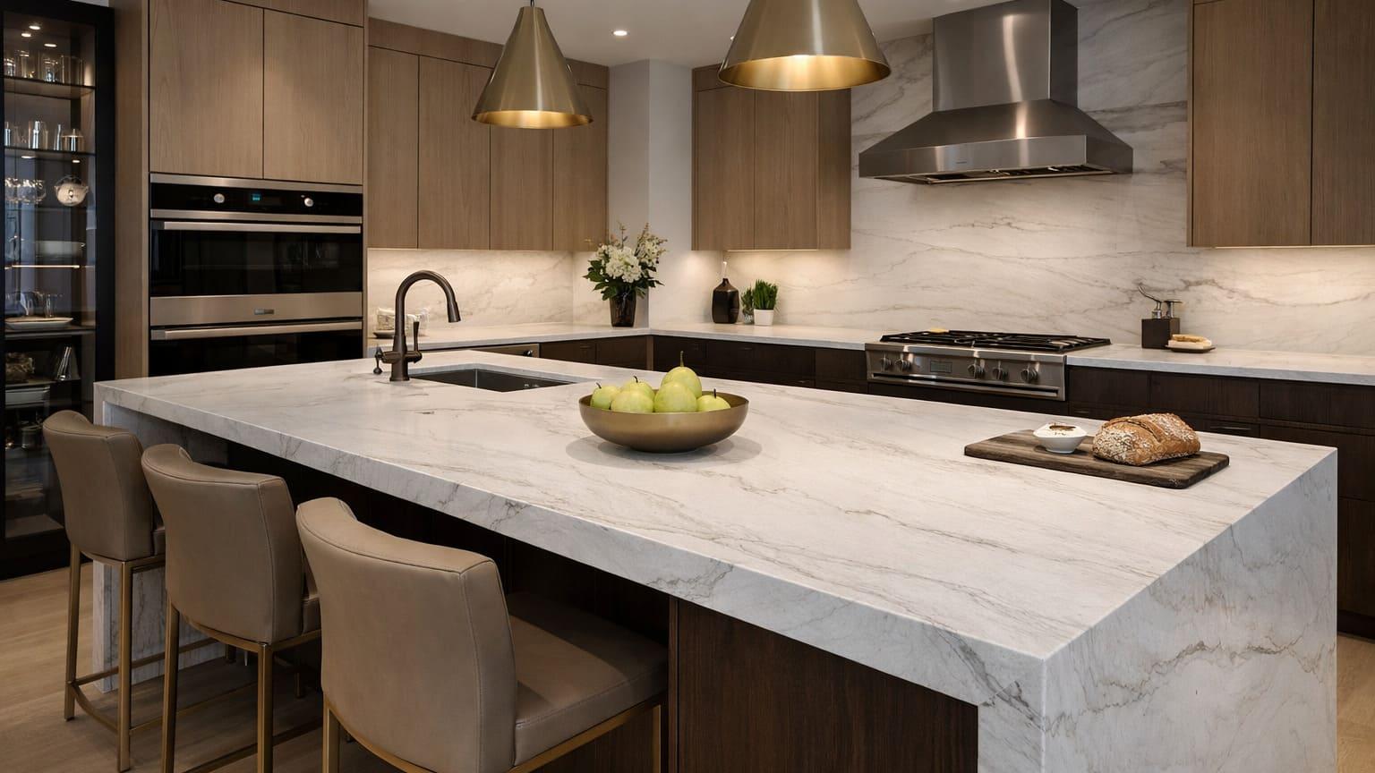Mont Blanc quartzite island with waterfall edge and warm wood cabinetry