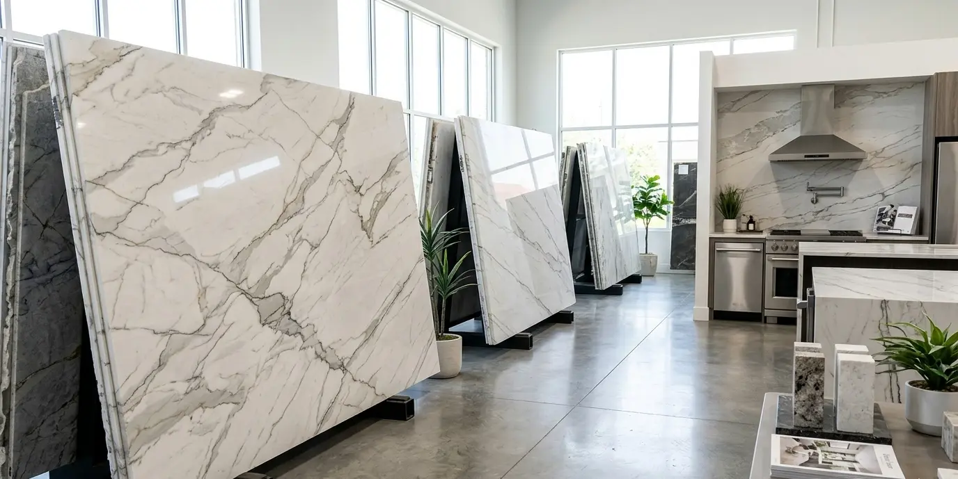 Zermatt quartzite natural stone slabs displayed in a showroom