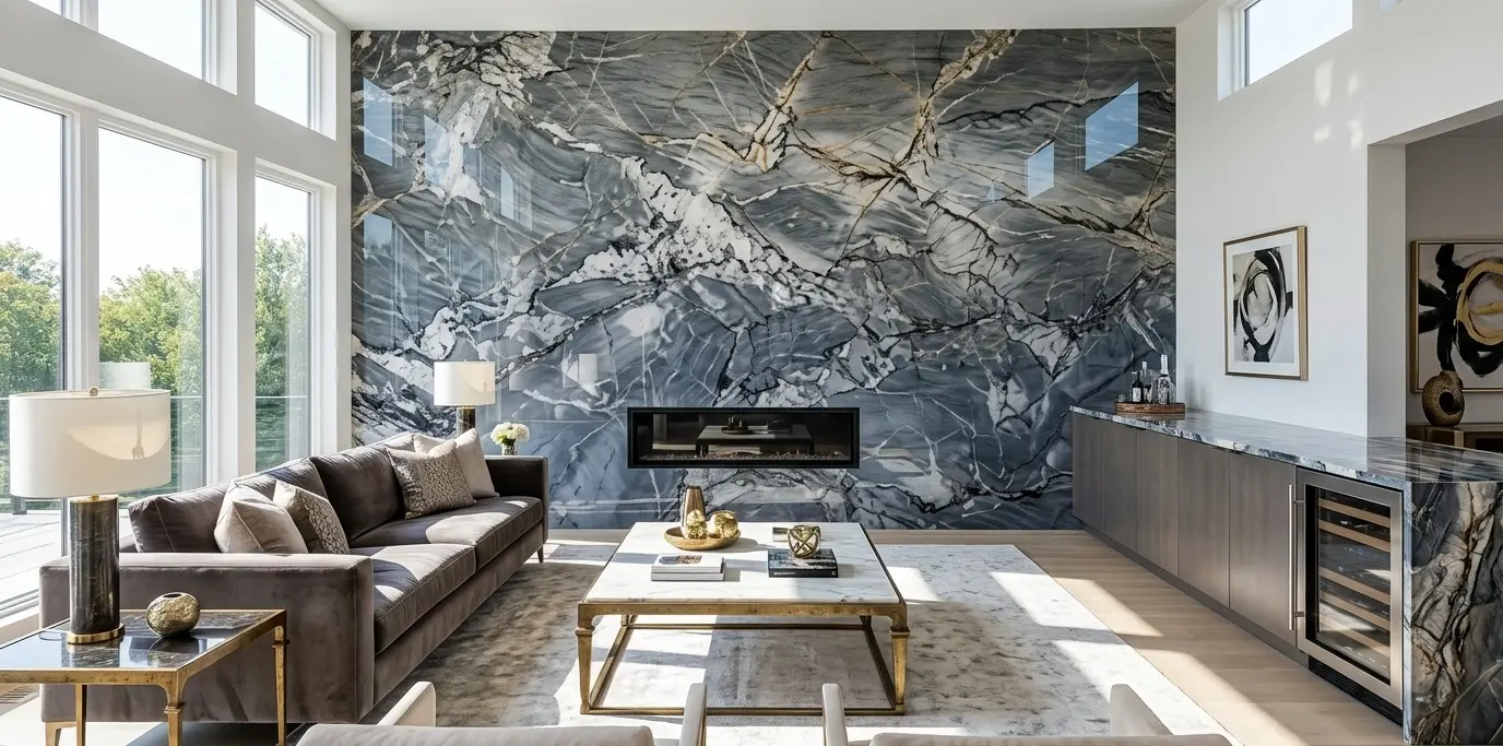 Leathered quartzite slab surface in polished finish