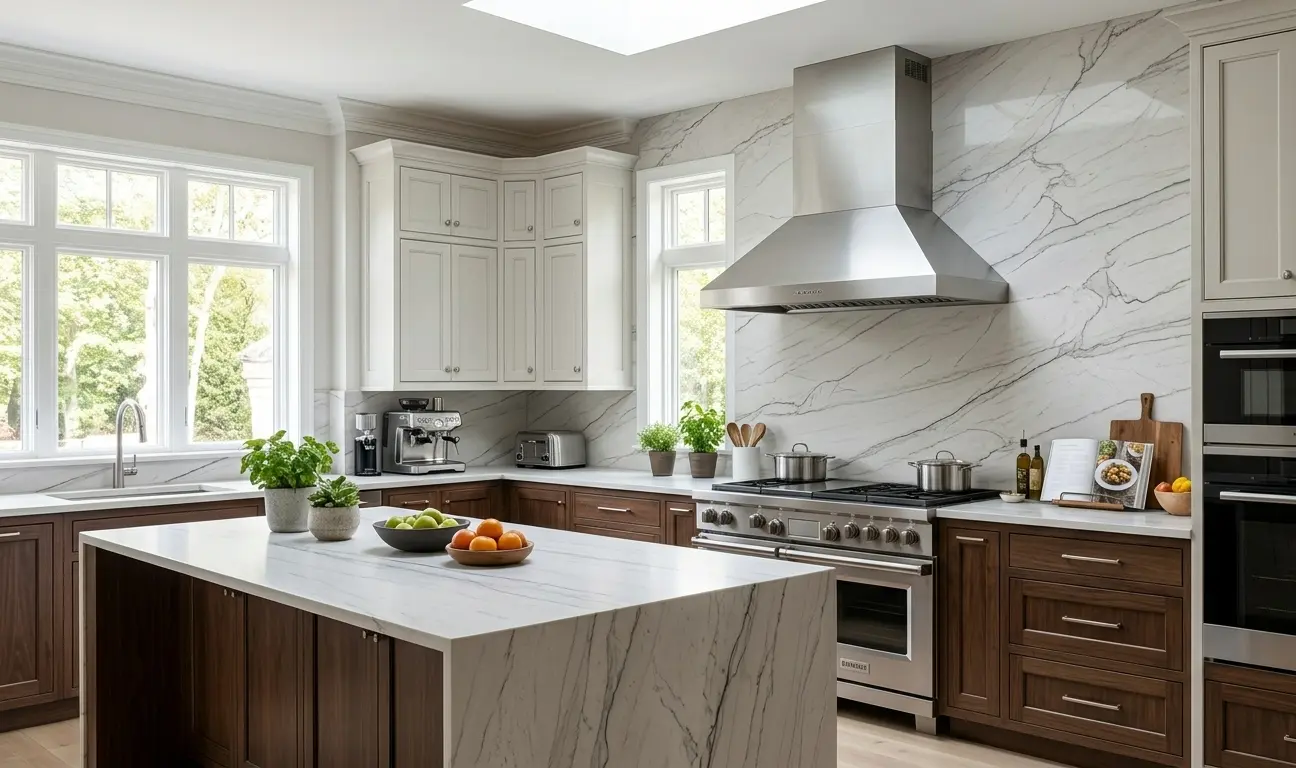 Zermatt quartzite kitchen countertop and backsplash in a modern kitchen with white cabinetry