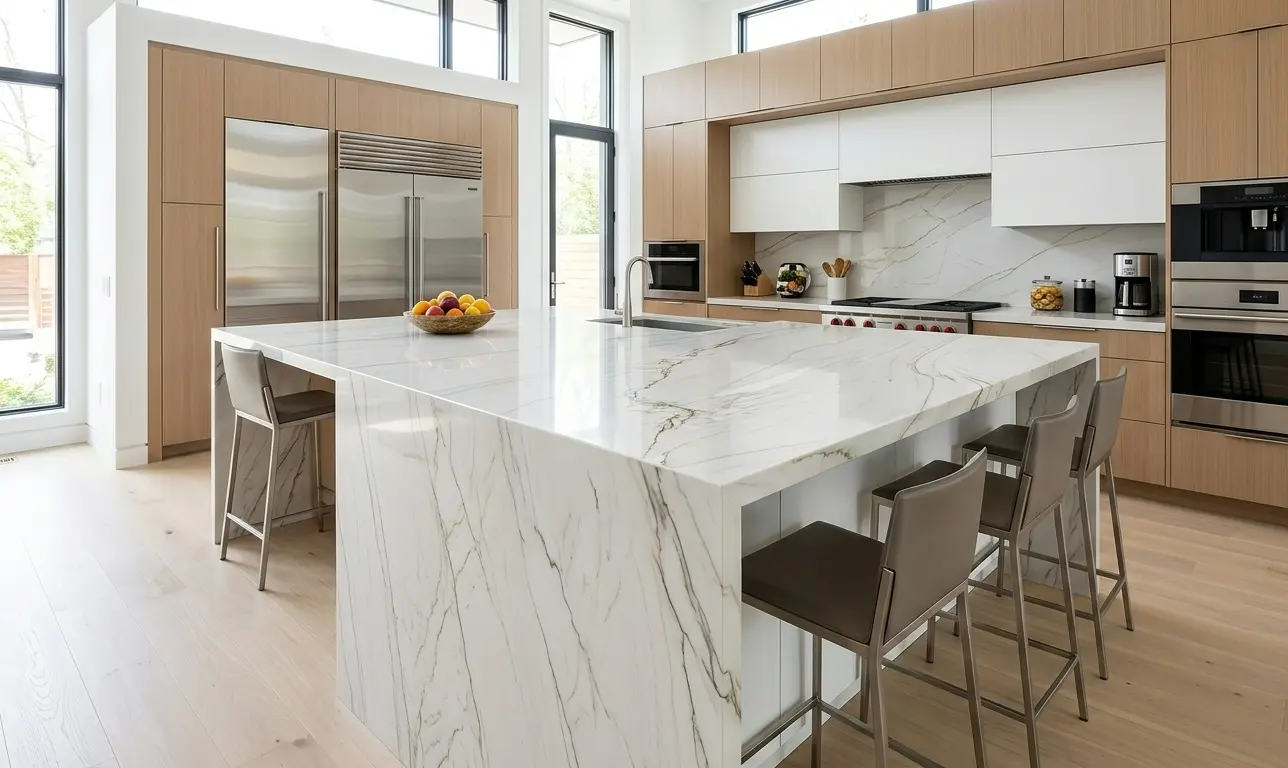 Zermatt quartzite kitchen island with waterfall edge in a contemporary kitchen with wood cabinetry
