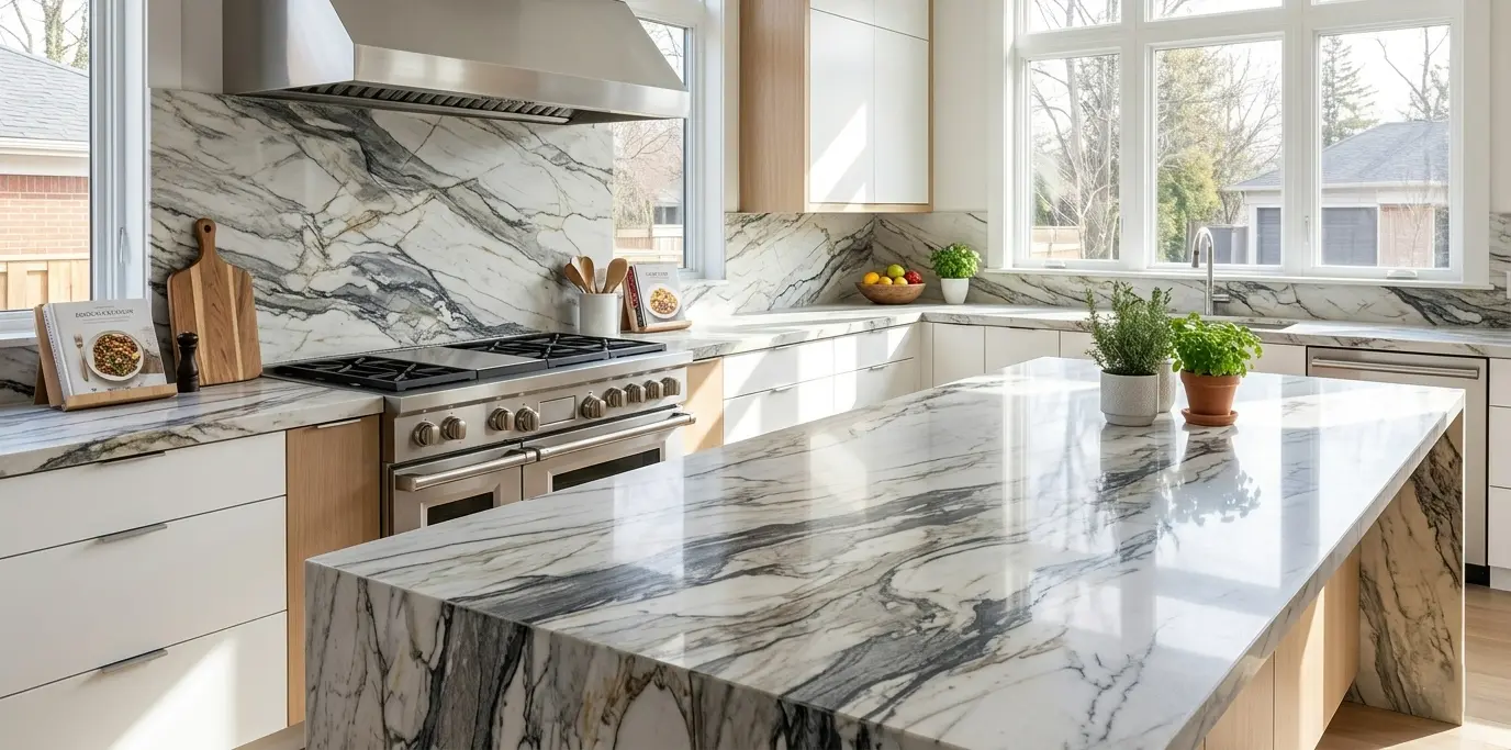 Zermatt quartzite kitchen island countertop with matching backsplash in a bright modern kitchen