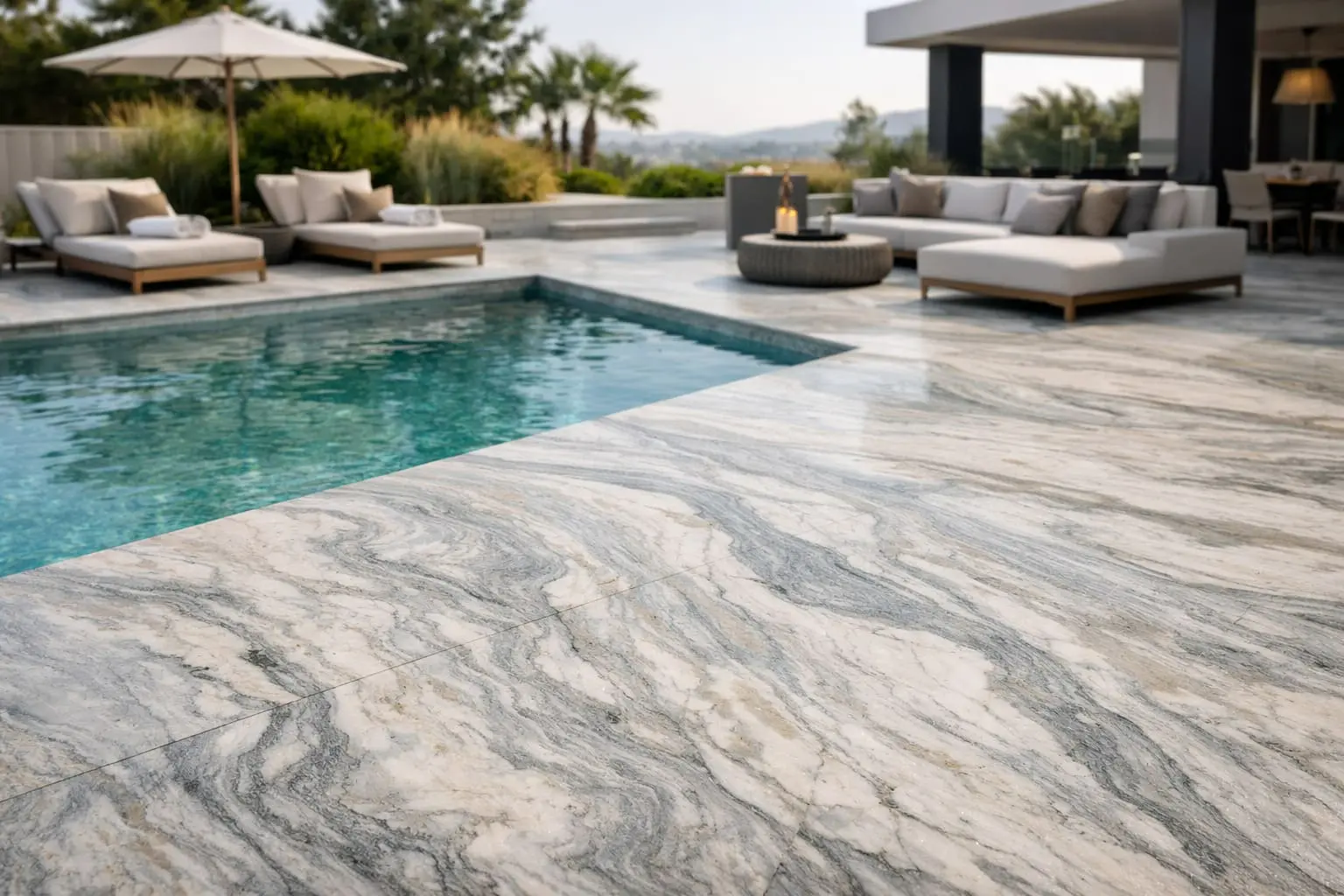Zermatt quartzite pool surround with honed finish and natural gray veining surrounding an outdoor swimming pool