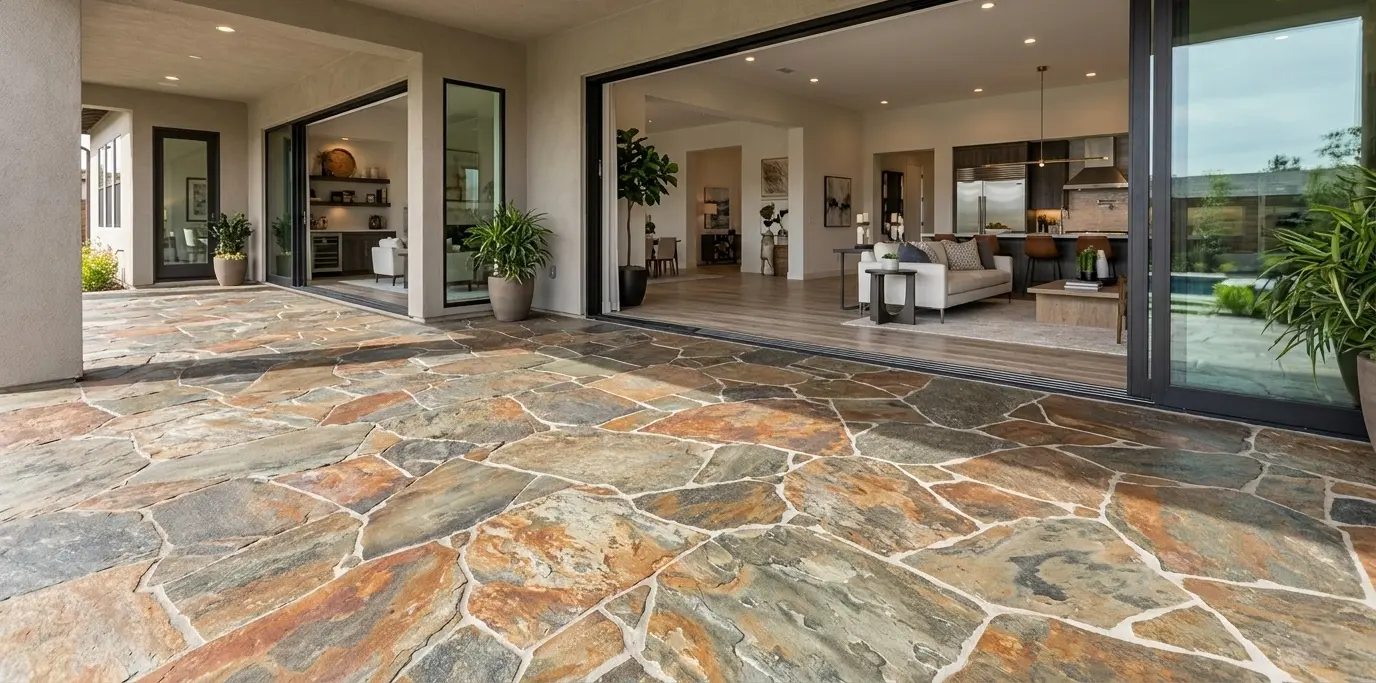 Leathered quartzite exterior stone surface with multi-color pattern