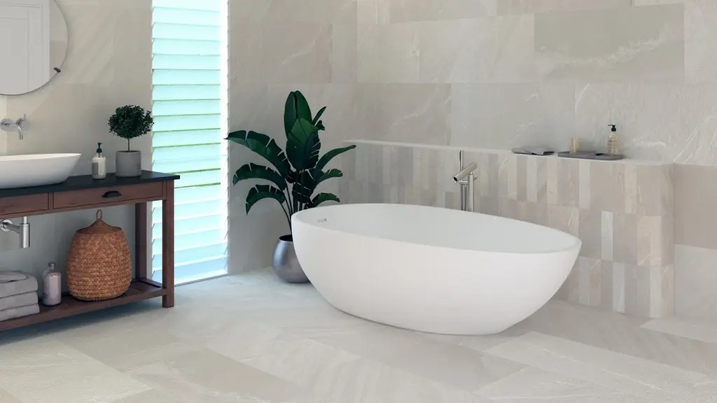 Light subway tiles in a contemporary bathroom application