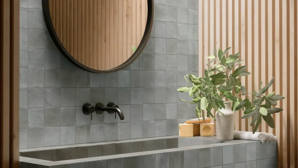 Ceramic subway tile in a modern bathroom vanity design