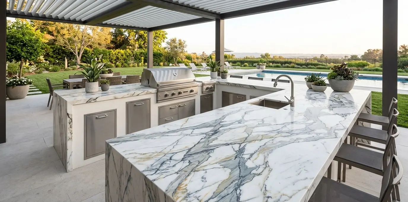 Zermatt quartzite natural stone slab with unique veining pattern for luxury outdoor kitchen