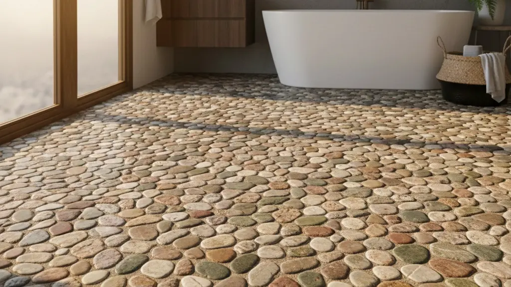 Innovative tile application with pebble-style flooring in a modern bathroom