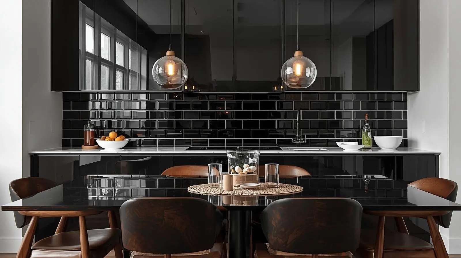 Glossy black subway tile backsplash reflecting light in a modern kitchen