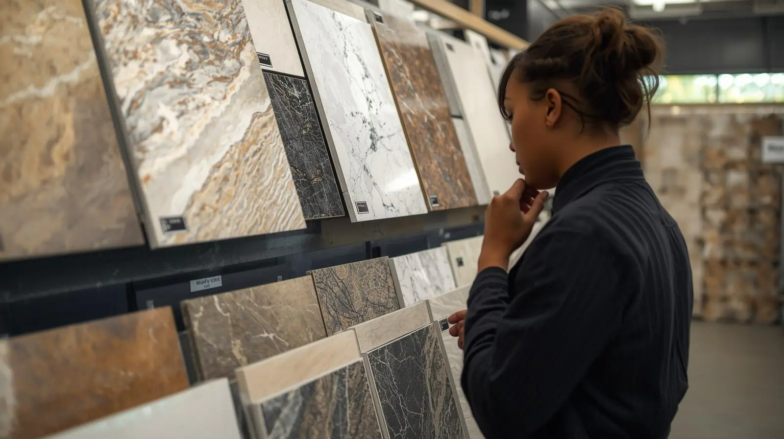 Customer comparing tile samples at Nova Tile and Stone showroom