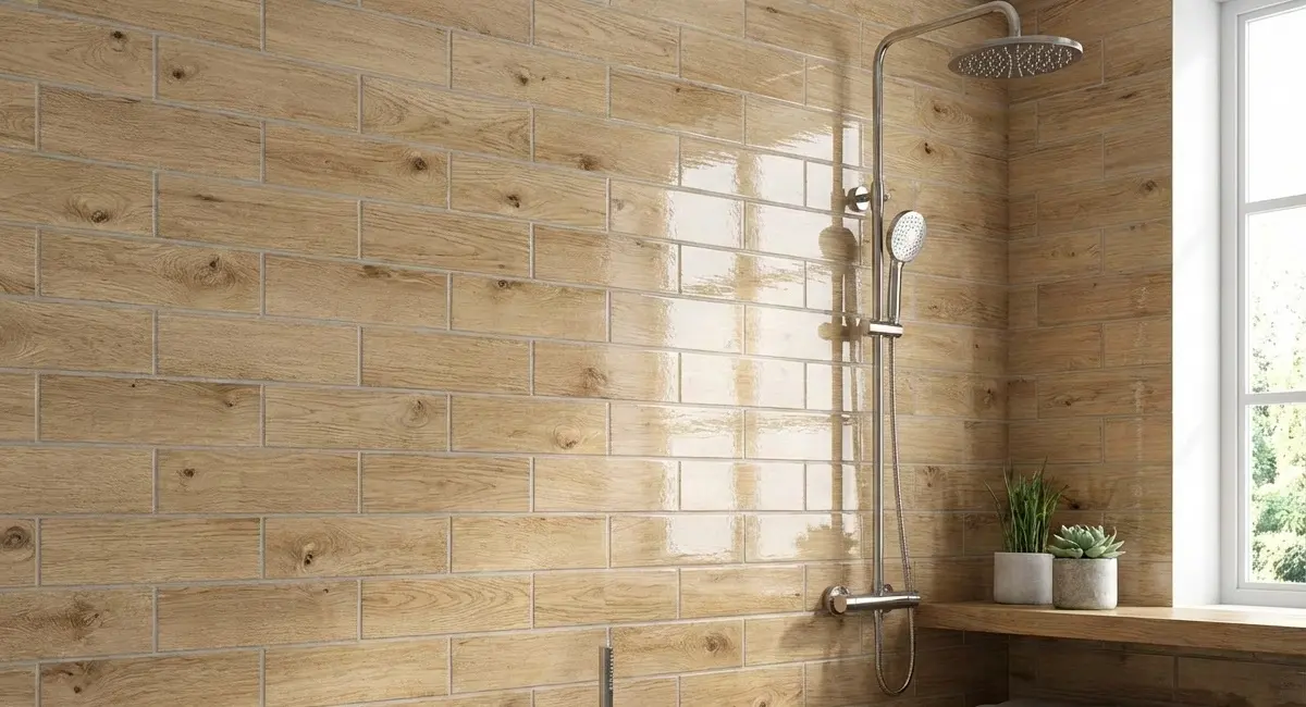 Wood-look subway tile shower wall showing water resistance in a bathroom