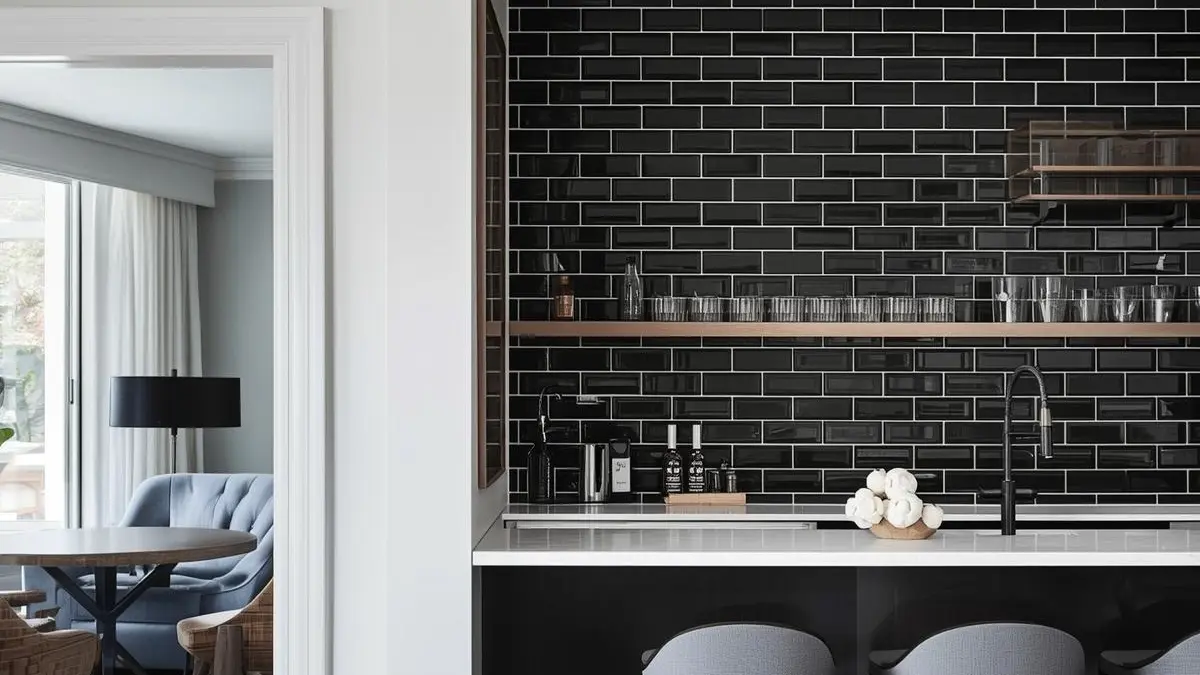 Black glass subway tile kitchen backsplash