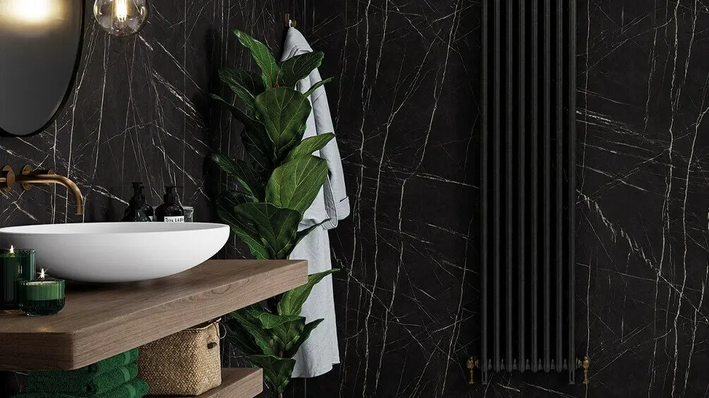 Dark bathroom wall tile creating a spa-inspired bathroom design