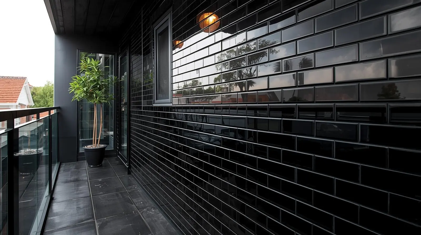 Black glass subway tile exterior wall with a clean modern installation