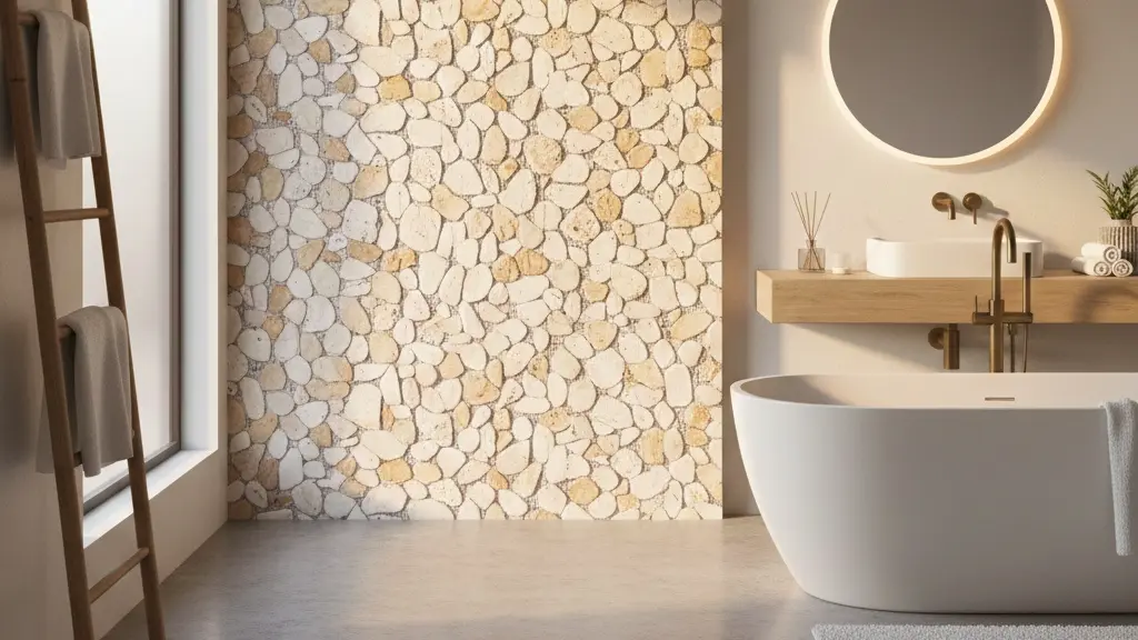 Pebble mosaic tile wall in a modern bathroom